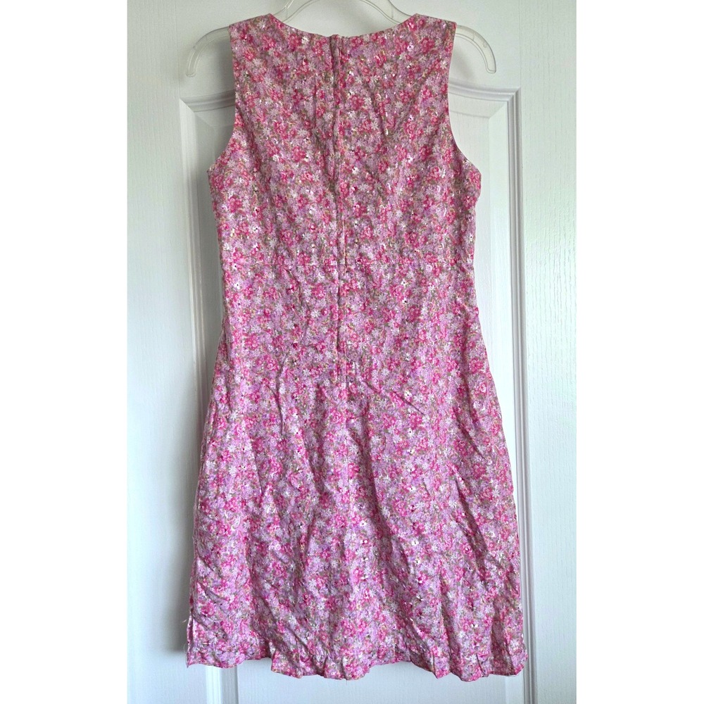 VTG Rabbit Rabbit Rabbit Designs Pink Floral Sequin Ruffle Hem Shift Dress Sz S - Picture 2 of 5